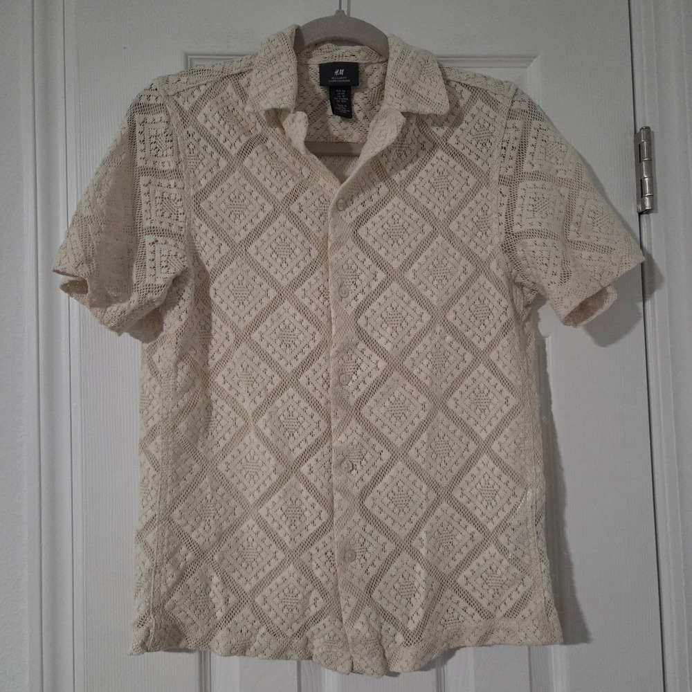 H&M Men's Regular Fit Crochet Look Resort Shirt Cream Diamond Open Knit XS